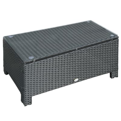 Table basse de jardin plateau verre trempé résine tressée noir