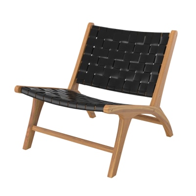 Fauteuil en teck et cuir tressé noir