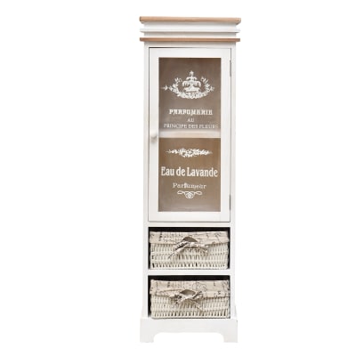 Cabinet vitrine à 2 tiroirs et 1 porte en bois et osier blanc