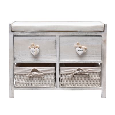 Banc coffre coeurs avec 4 tiroirs en bois et osier blanc