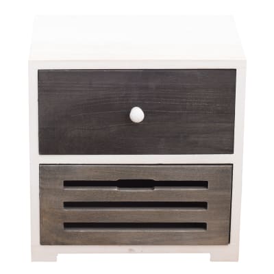 Table de chevet sculpté avec 2 tiroirs en bois blanc et gris