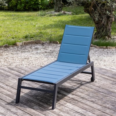 Bain de soleil en textilène bleu gris et aluminium anthracite
