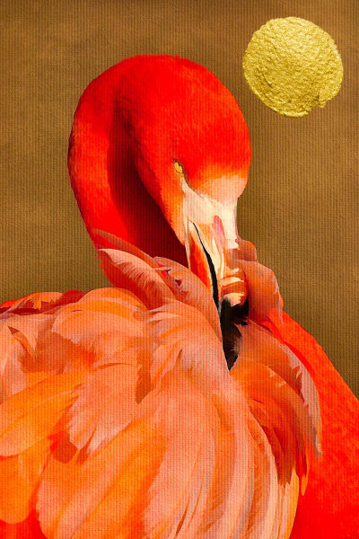 Tableau animaux flamants et soleil d'or imprimé sur toile 40x60 cm