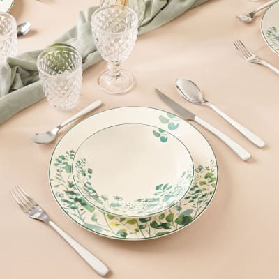 Assiette plate en grès blanc/vert