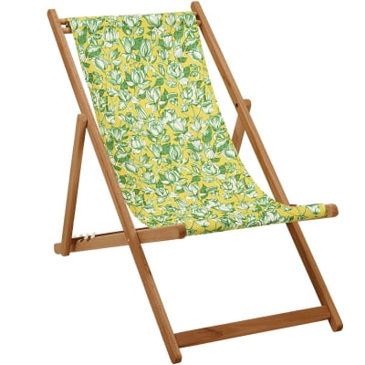Chilienne pliante en eucalyptus, toile outdoor, motif fleuri jaune