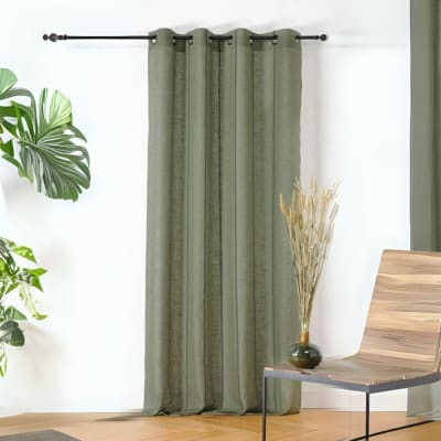 Voilage aux fines rayures noires poly-lin vert 145x260 cm