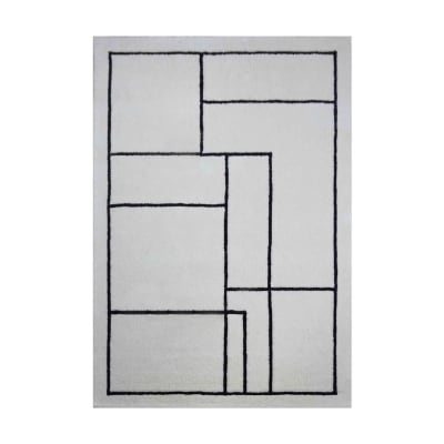 Tapis en laine écru à motifs noirs tissé main 140 x 200 cm