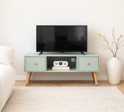 Meuble tv 2 tiroirs en bois massif vert menthe