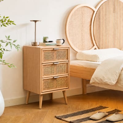 Chiffonnier 3 tiroirs en bois et rotin naturel