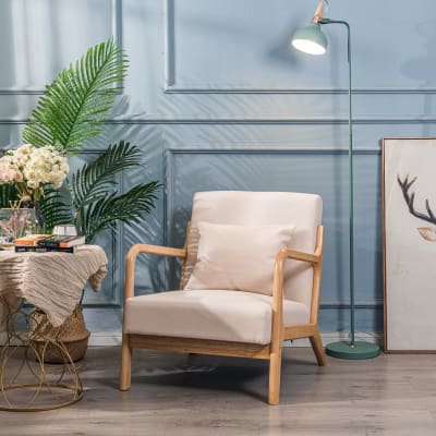 Fauteuil de salon en bois massif et tissu beige