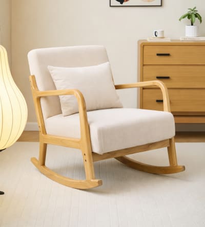 Rocking chair en bois massif et tissu beige