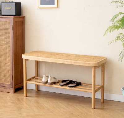 Banc avec rangement en pin massif et rotin