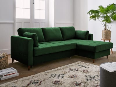 Canapé d'angle convertible 4 places avec coffre en velours vert