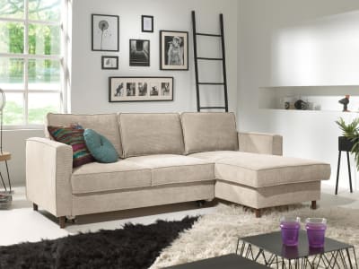 Canapé d'angle convertible 4 places coffre en velours côtelé beige