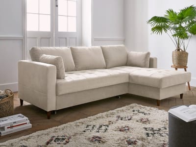 Canapé d'angle droit convertible 4 places avec coffre en velours beige