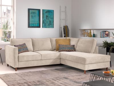 Canapé d'angle droit convertible 5 places en velours côtelé beige