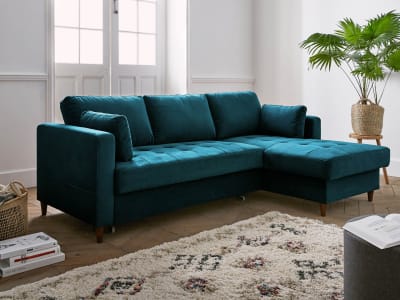 Canapé d'angle droit convertible 4 places en velours bleu canard