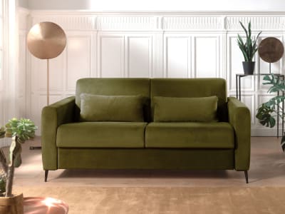 Canapé convertible 3 places en velours matelas 12 cm vert olive
