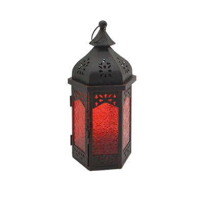 Lanterne ethnique 16x14x32 cm en métal et verre noir et rouge