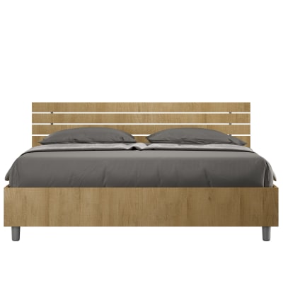Lit sans sommier 160x190 tête de lit inclinée effet bois chêne nature