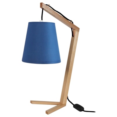 Lampe à poser métal pied bois naturel abat-jour bleu