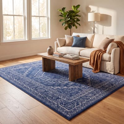 Tapis médaillon en polypropylène bleu/blanc, 122 x 183 cm