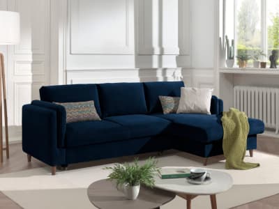 Canapé d'angle droit convertible 4 places en velours bleu nuit