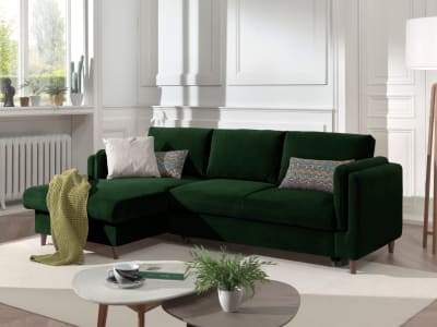Canapé d'angle gauche convertible 4 places avec coffre en velours vert