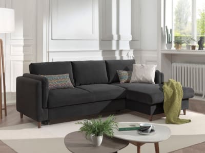 Canapé d'angle droit convertible 4 places en velours gris foncé