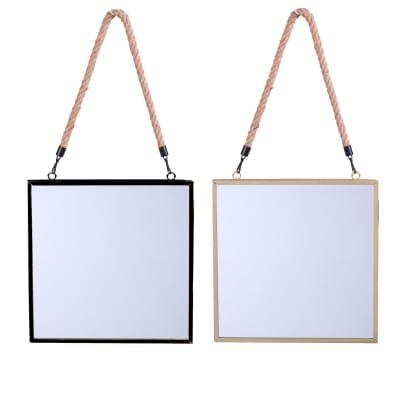 Set de 2 miroirs carrés suspendus corde noir et doré - 30x30cm