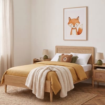 Lit enfant cannage rotin et effet bois 90x190 sommier inclus