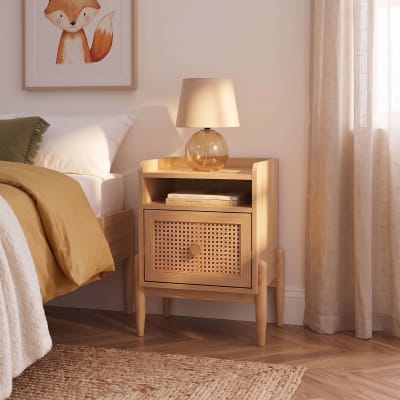 Table de chevet enfant cannage rotin et effet bois 1 tiroir