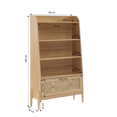 Bibliothèque cannage rotin et effet bois et chêne 3 étagères