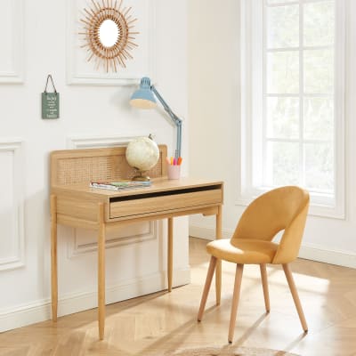 Bureau cannage rotin et effet bois 1 tiroir