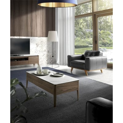 Table basse rectangulaire en marbre et bois avec 2 tiroirs