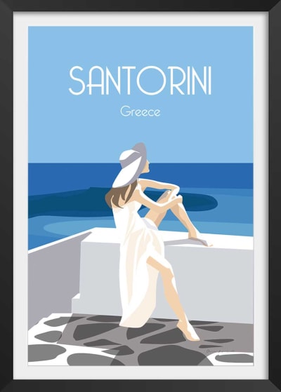 Affiche voyage le bleu de santorin avec cadre noir 40x60  cm