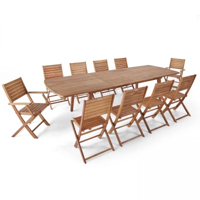 Table de jardin extensible en bois 200/300 cm et 10 chaises pliantes