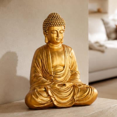 Statue décoration à poser bouddha zen en résine doré - h20 cm