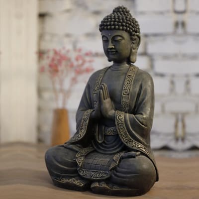 Grande statue décorative bouddha en résine gris et doré - h 37