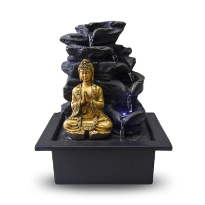 Fontaine zen bouddha en résine marron et doré avec éclairage led - h25