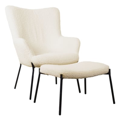Fauteuil en tissu bouclette beige avec repose-pieds