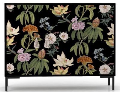 Buffet bas 2portes 4 tiroirs MDF imprimé floral sur fond noir