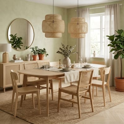 Table ovale en bois blanchi + 2 allonges 8/12 places l180/270