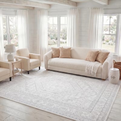 Tapis médaillon en polypropylène blanc/argent, 122 x 183 cm