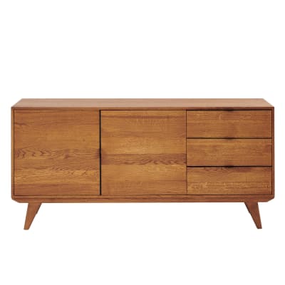 Buffet bas rétro en bois chêne 2 portes 3 tiroirs l160 noir