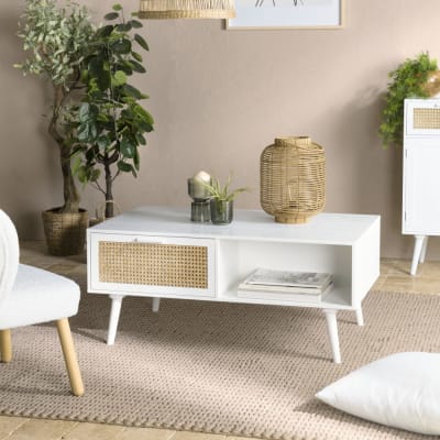 Table basse blanche 2 tiroirs 1 niche cannage naturel