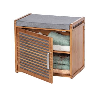 Banc de rangement pour salle de bain en bambou gris