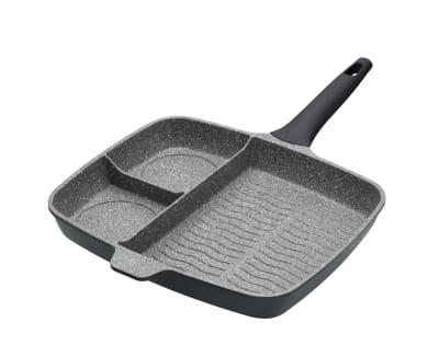 Poêle à griller 3 sections en fonte d'aluminium gris et noir