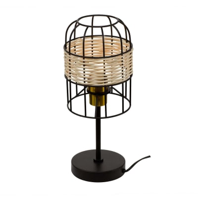 Lampe à poser tactile en métal noir et rotin tressé naturel