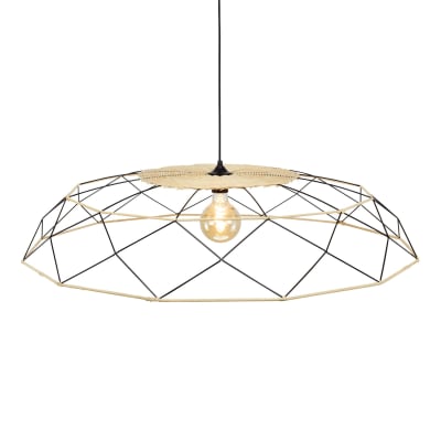 Suspension grand modèle en métal noir et rotin naturel